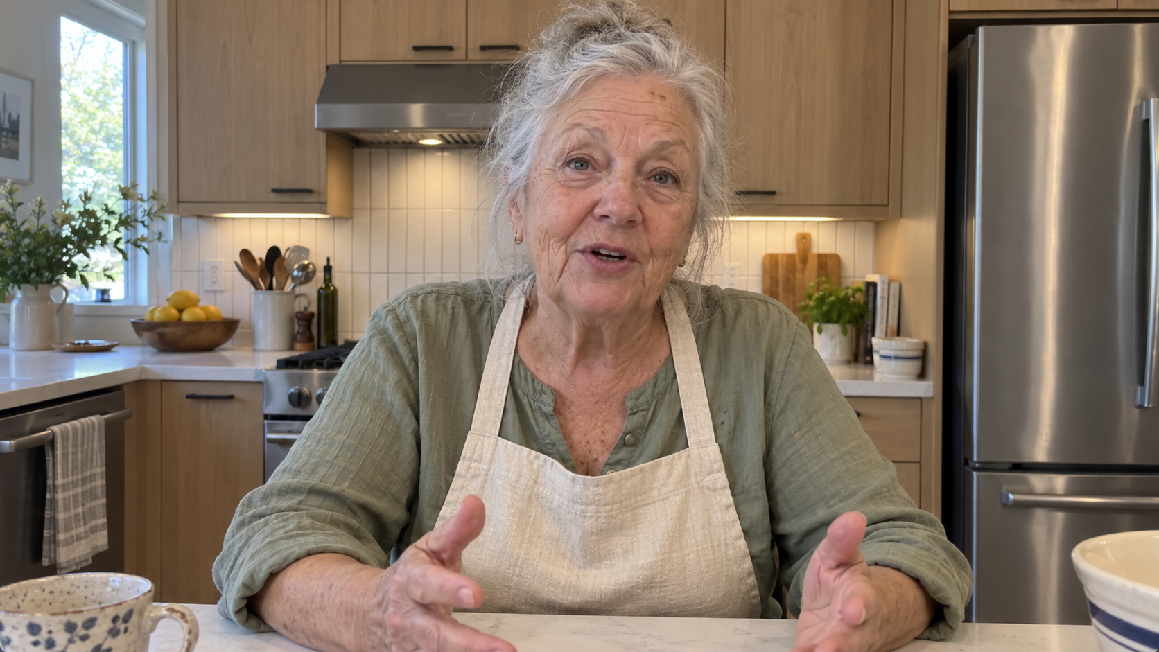 Grandma Edith in a green blouse and cream apron at the kitchen counter